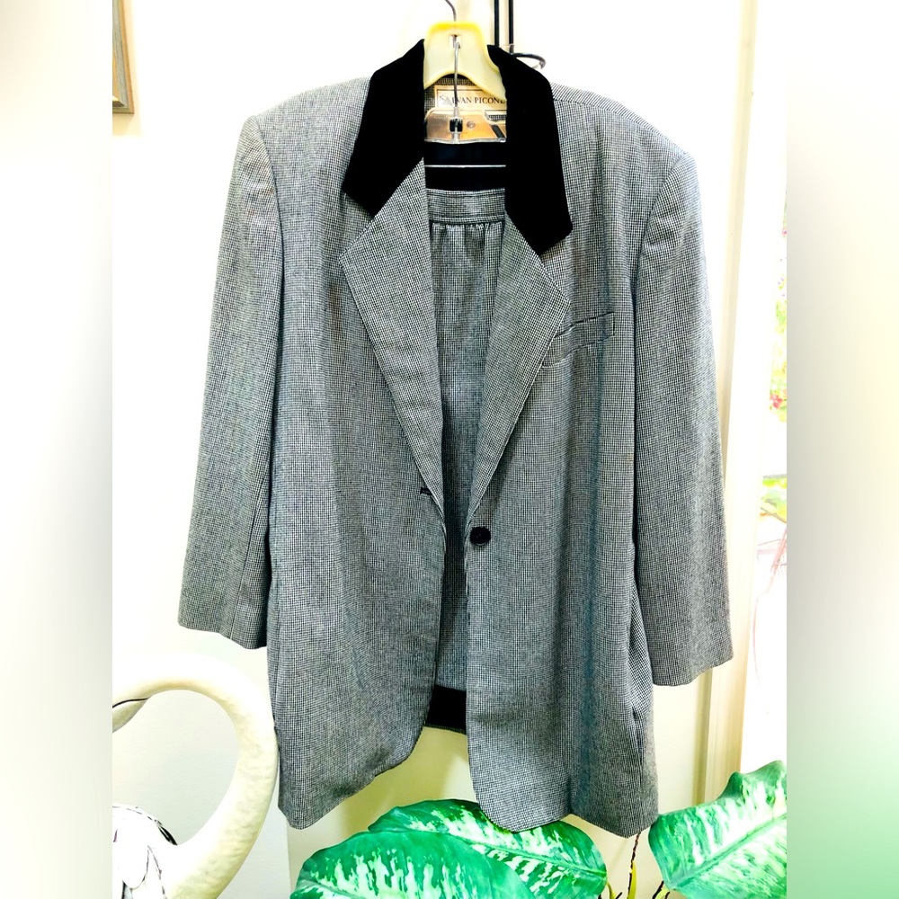 Evan Picone Vintage Women's Skirt Suit Size 8 Black Cream Plaid Velvet Trim